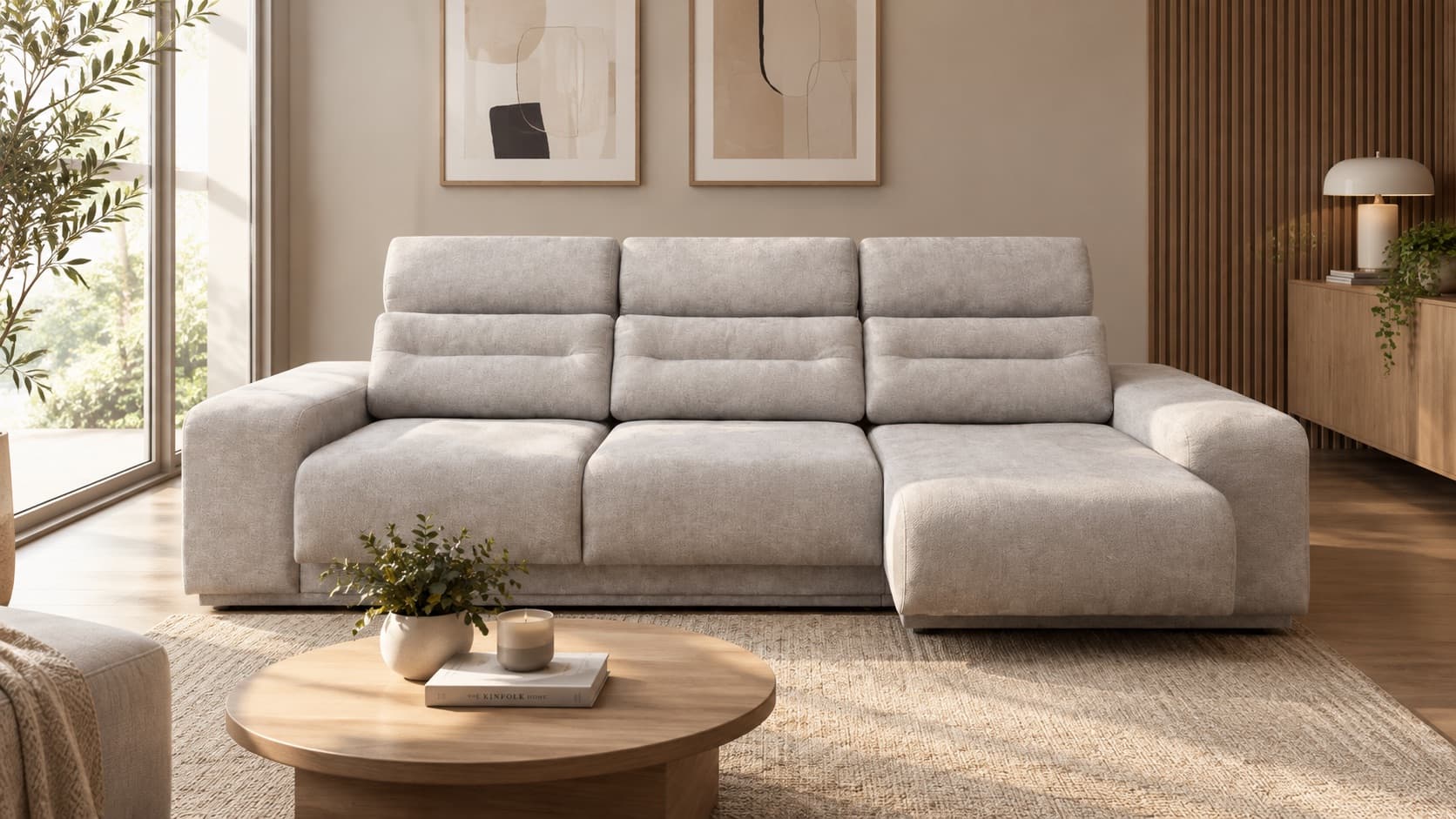 Sillón esquinero con chaise longue en un living luminoso